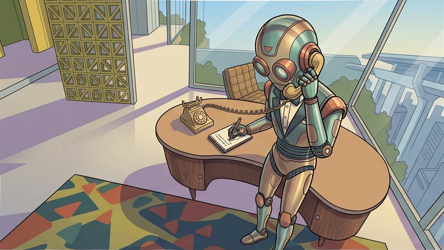 Valet illustrated as a mid-century robot valet, taking dictation at a desk