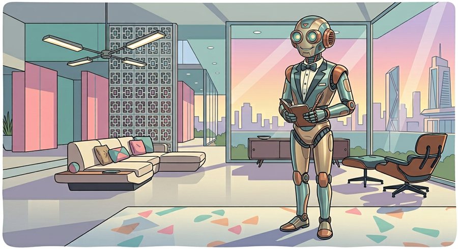 Valet illustrated as a mid-century robot valet, standing in a living room
